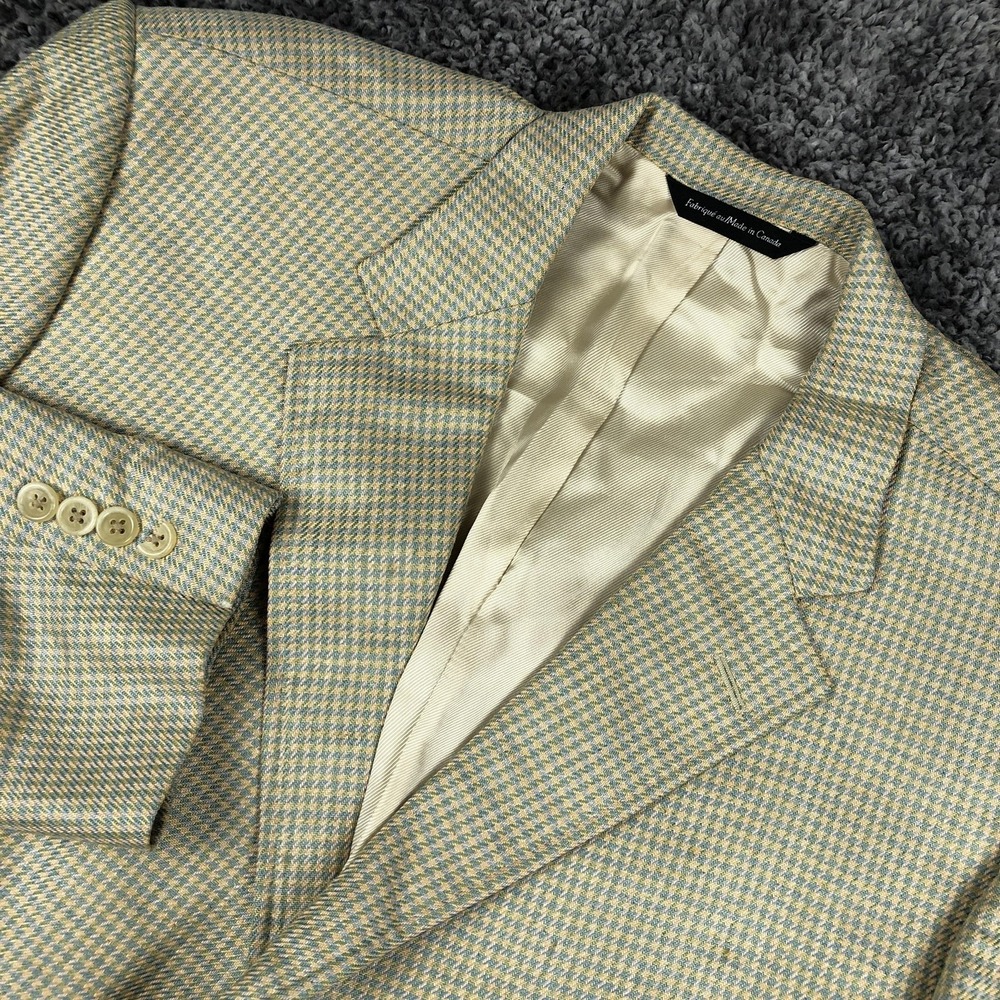 Samuelsohn Sport Coat Mens 46L Beige Silk Check Blazer Tall Long Made In Canada